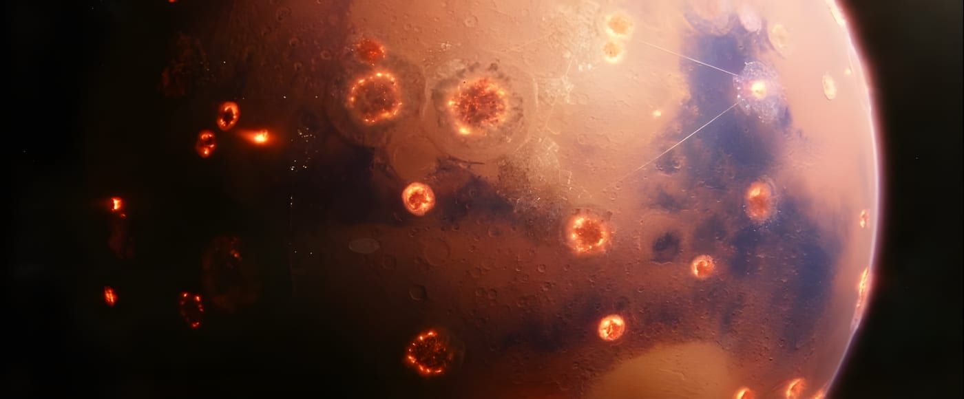 Mars from orbit with widespread orange firestorms and blast rings across the surface, thin orbital lines visible against space.