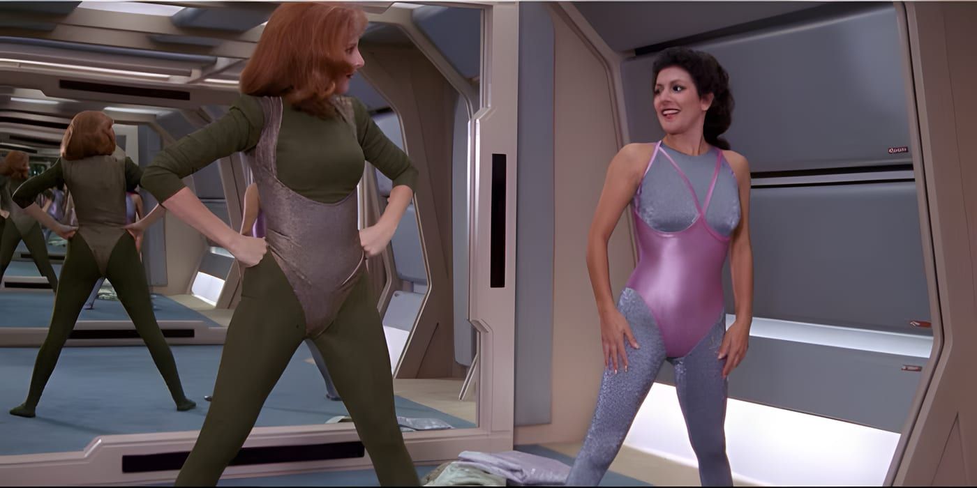 Beverly Crusher exercising in Starfleet workout attire.