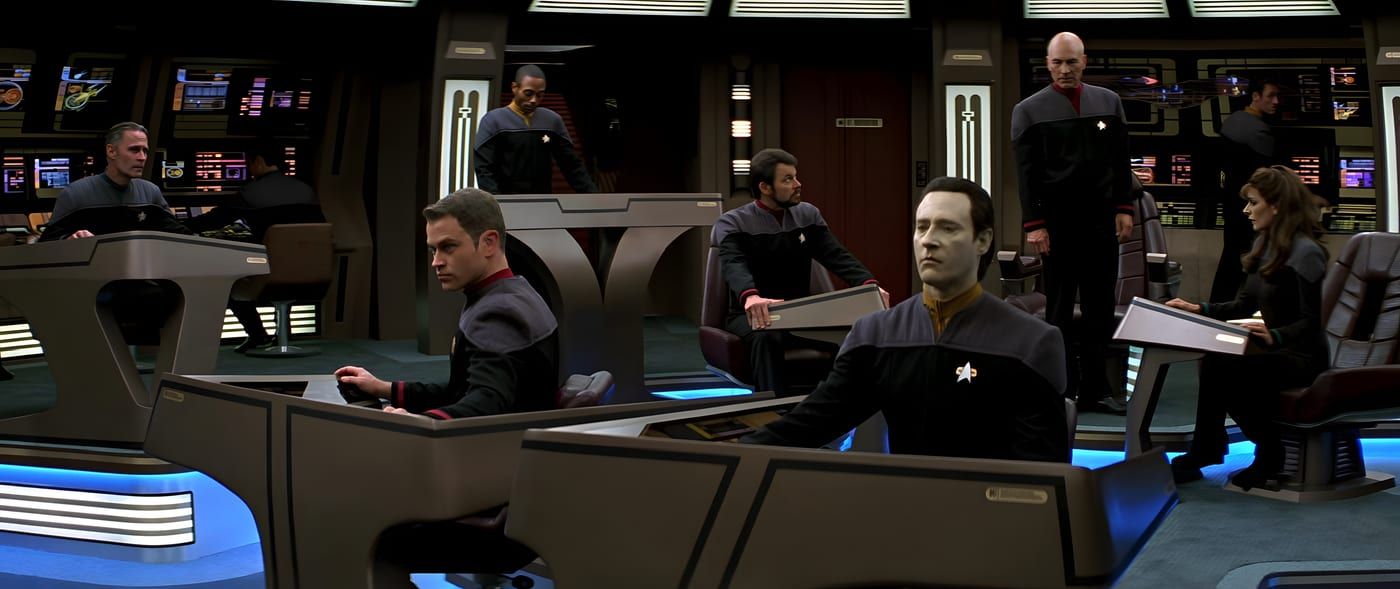 USS Enterprise-E bridge: Sovereign-class command deck with Picard, Riker, Data, and crew at their stations.