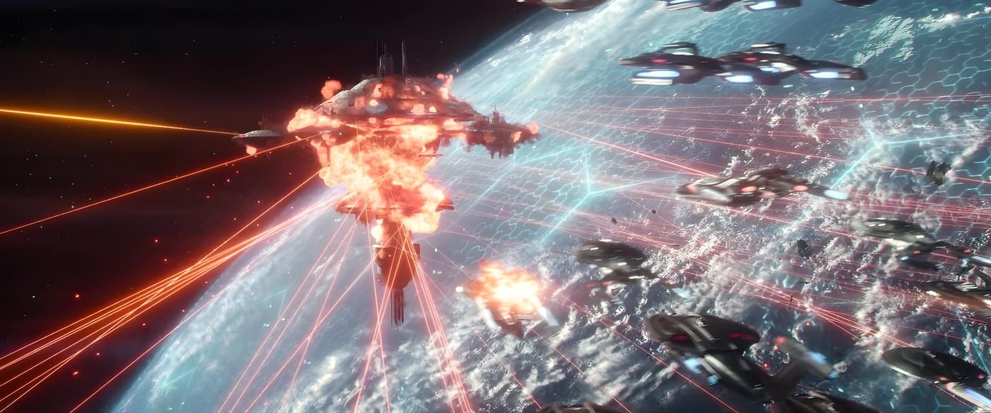 Federation starships massed near Earth for the Frontier Day 250th-anniversary celebration, ceremonial fleet formation.