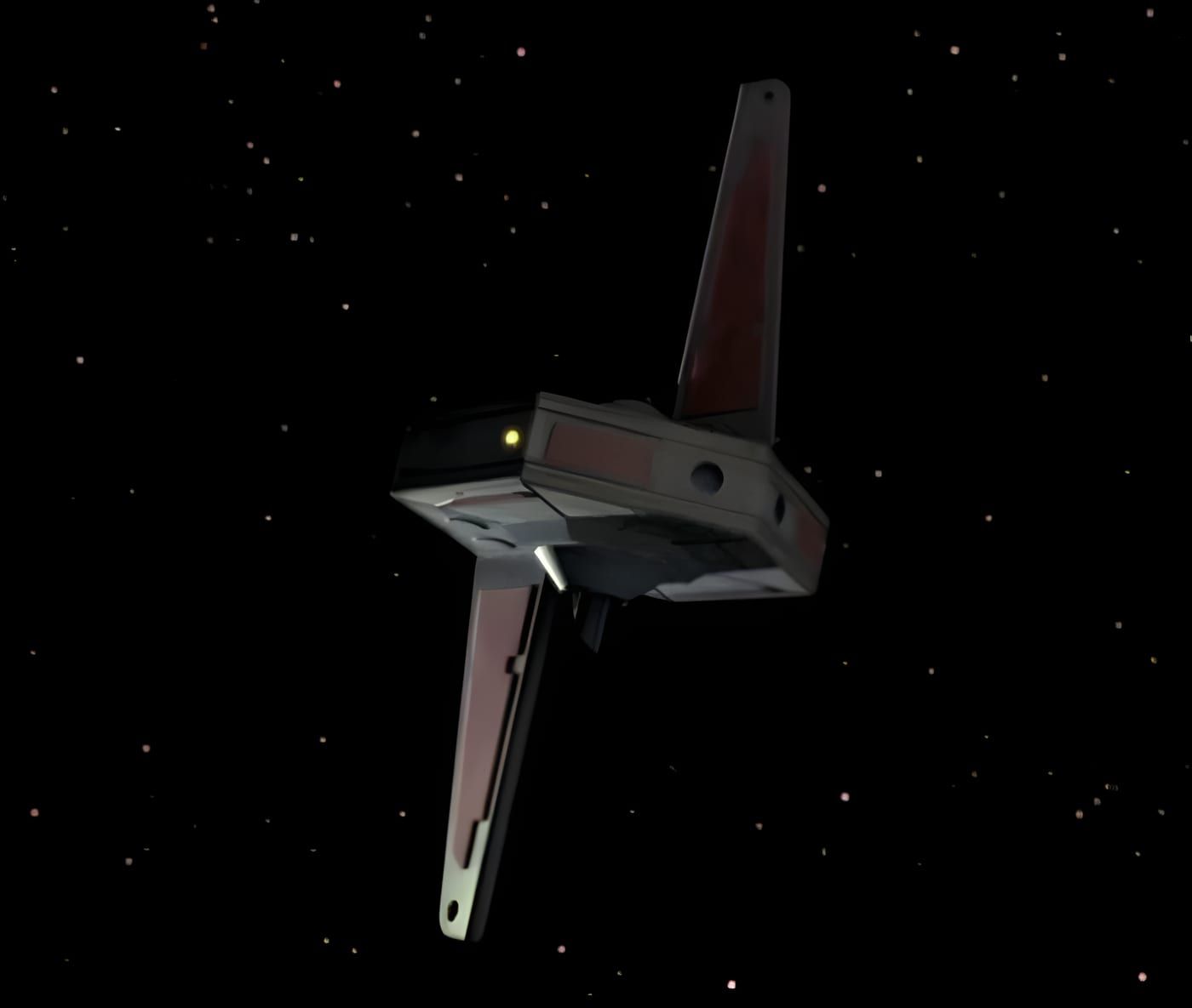 The angular Kataan probe beside the USS Enterprise-D saucer, registry NCC-1701-D visible, stars behind both craft.