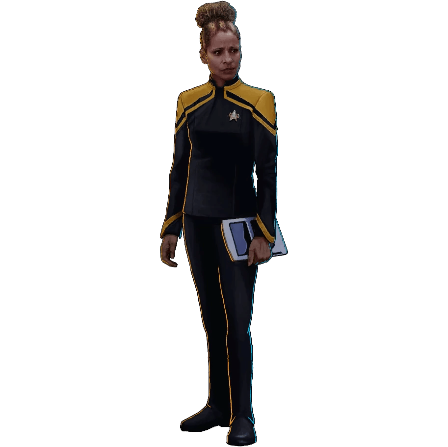 Commander Raffaela Musiker standing in a Starfleet uniform.
