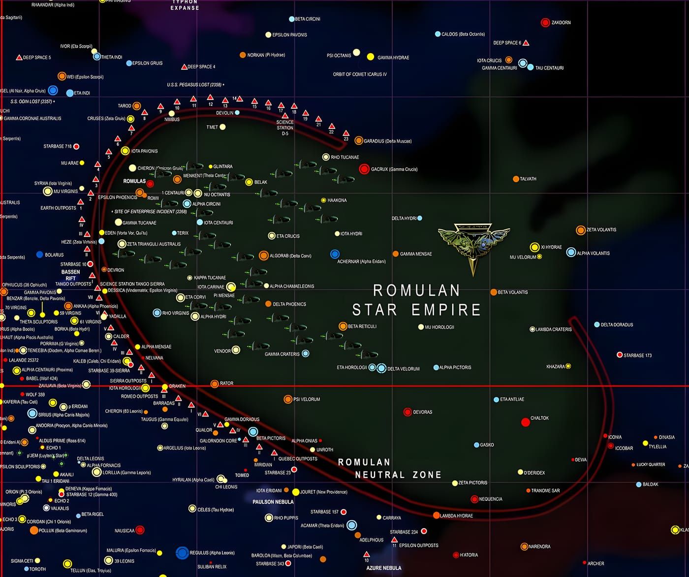 Strategic star chart of the Romulan Star Empire and Romulan Neutral Zone with Romulus, Remus, outposts, and neighboring systems labeled.