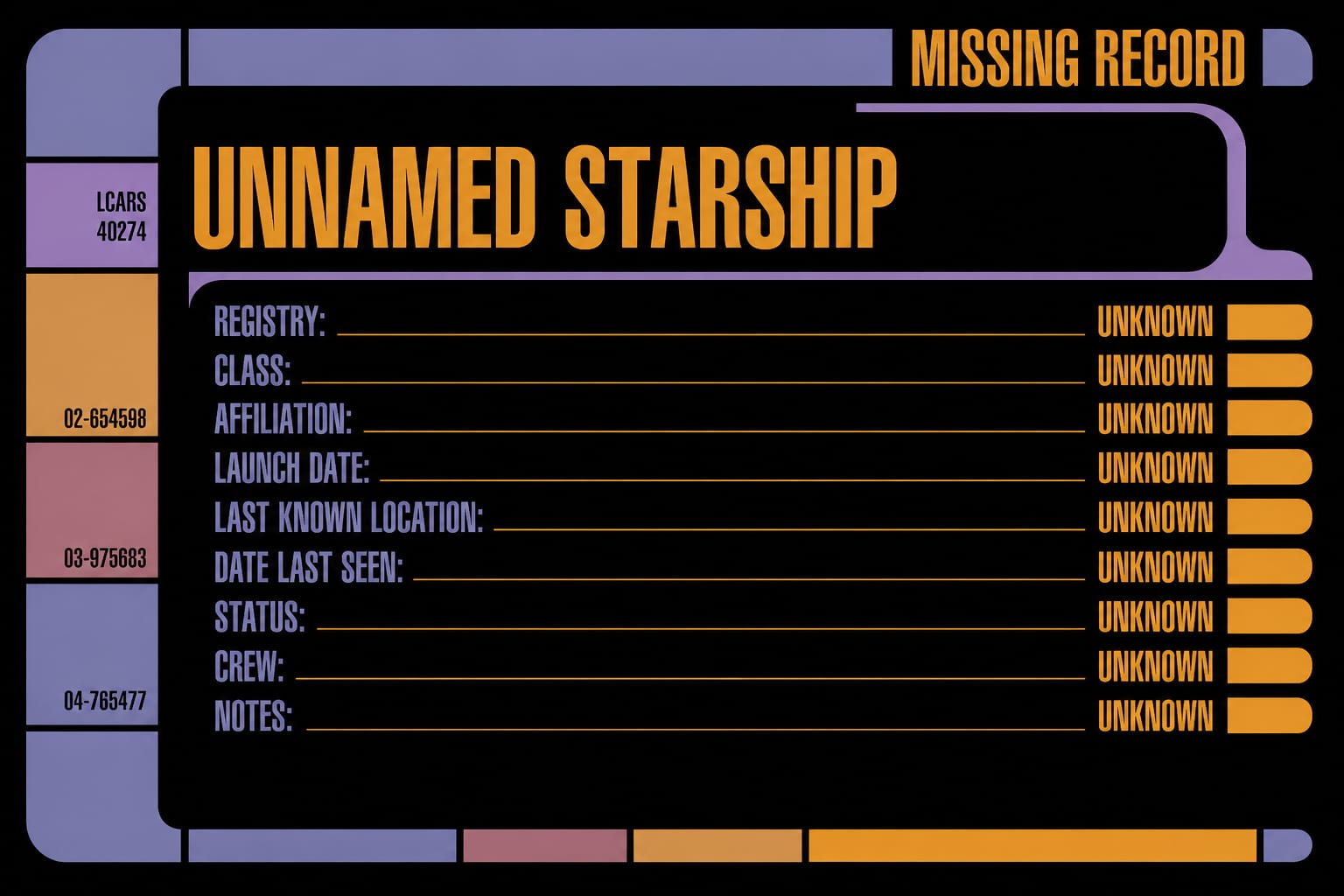 LCARS missing record graphic for Picard's unnamed starship.