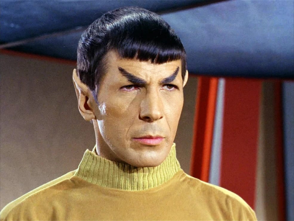 Close portrait of Spock emphasizing his Vulcan features and arched eyebrows.
