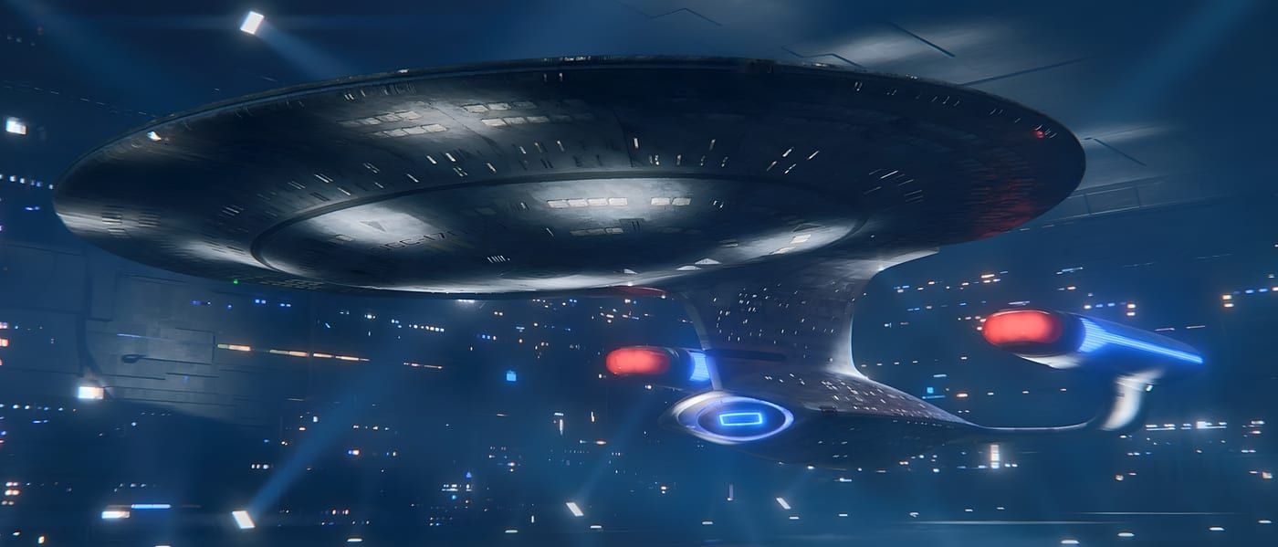 USS Enterprise-D above a planet.