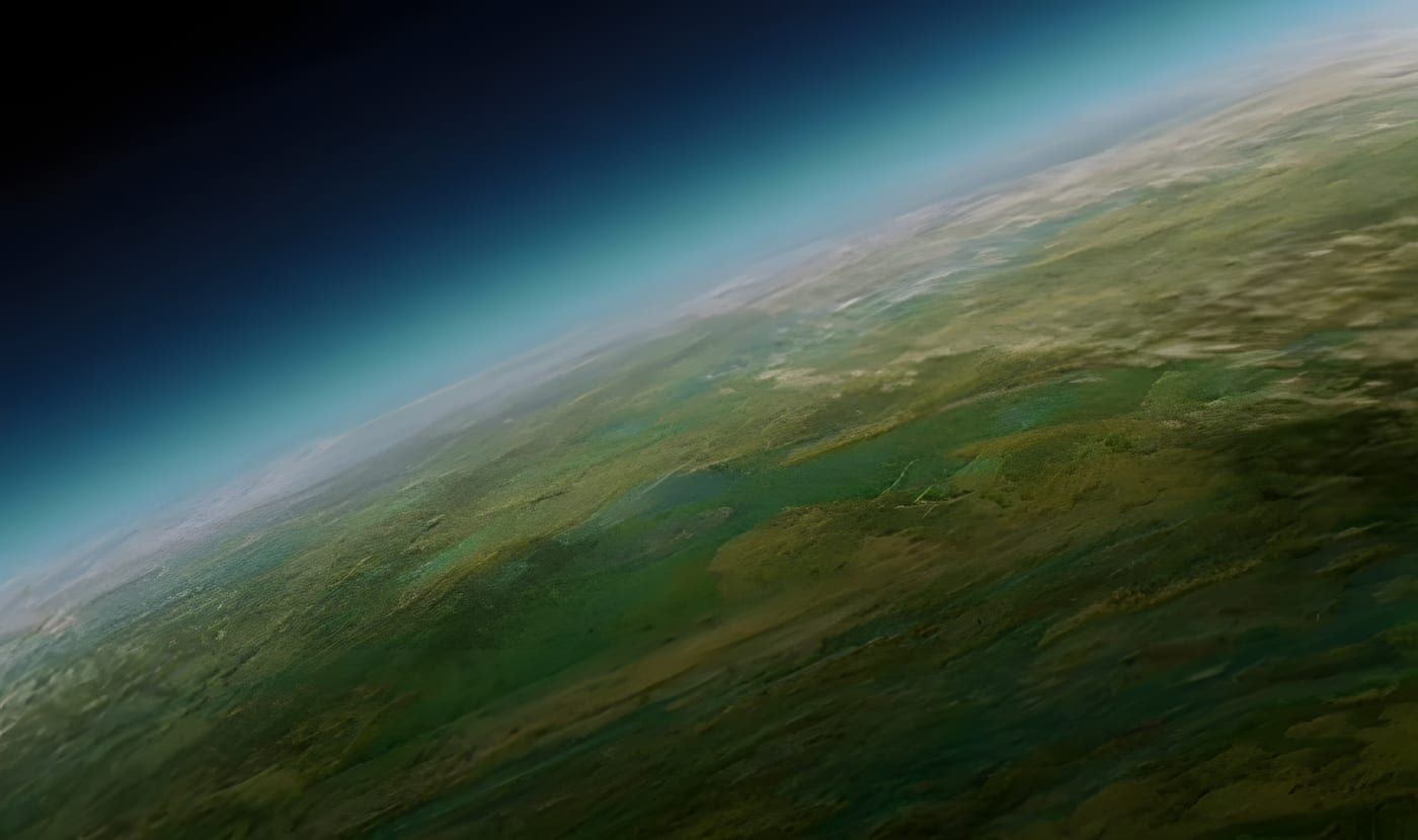 Veridian III: mountainous M-class planet surface with green vegetation under a pale sky.